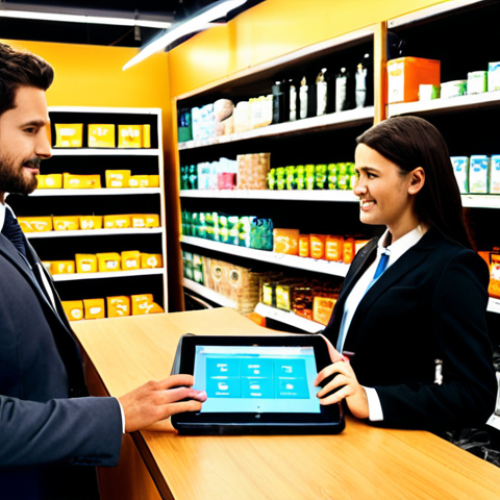 Home 11 **Image Prompt:** A brightly lit, modern retail store. On one side, a graduate in a business suit analyzes sales data on a tablet, surrounded by inventory shelves. On the other side, a friendly retail worker helps a customer, showcasing excellent communication skills. Focus on vibrant colors and a welcoming atmosphere, highlighting the blend of analytical thinking and human interaction. Include elements of sustainable practice, such as recycling bins and eco-friendly product displays.