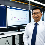 A professional Malaysian supply chain manager in a modest business outfit, standing confidently amidst a state-of-the-art automated logistics hub in Malaysia. Large screens display real-time data analytics, with robotic arms and conveyor systems subtly visible in the background, highlighting efficiency and technology. The lighting is bright and clean, emphasizing a modern work environment. perfect anatomy, correct proportions, natural pose, well-formed hands, proper finger count, natural body proportions, high quality, professional photography, fully clothed, modest clothing, appropriate attire, professional dress, safe for work, appropriate content, professional.