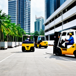 Modern Kuala Lumpur Logistics Hub**

"A bustling logistics hub in Kuala Lumpur, Malaysia. Modern warehouses with trucks loading and unloading. Workers in safety vests and helmets, fully clothed, operating forklifts. Palm trees and skyscrapers in the background. Bright daylight, professional photography, perfect anatomy, correct proportions, safe for work, appropriate content, modest, family-friendly."

**