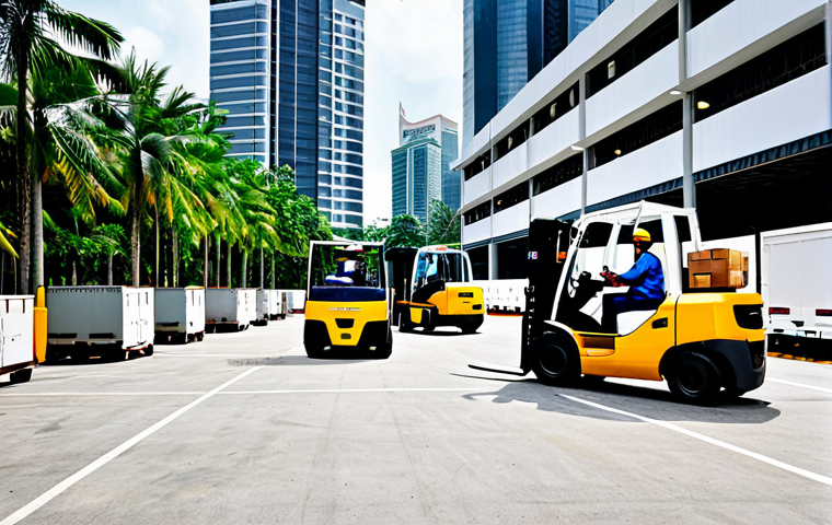 Modern Kuala Lumpur Logistics Hub**

"A bustling logistics hub in Kuala Lumpur, Malaysia. Modern warehouses with trucks loading and unloading. Workers in safety vests and helmets, fully clothed, operating forklifts. Palm trees and skyscrapers in the background. Bright daylight, professional photography, perfect anatomy, correct proportions, safe for work, appropriate content, modest, family-friendly."

**