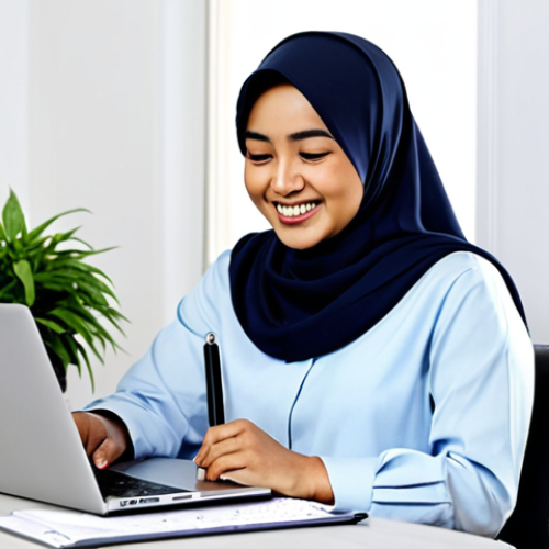 Budget Planning**

A young Malay woman in a hijab and modest baju kurung is sitting at a desk, smiling and looking at a budget spreadsheet on her laptop. The setting is a bright and tidy home office.  She has a pen in her hand and is highlighting figures on the screen.  Include a calendar and a small potted plant on the desk.  safe for work, appropriate content, fully clothed, professional, perfect anatomy, correct proportions, natural pose, well-formed hands, proper finger count, high quality.  The scene should convey a sense of financial organization and planning.

**
