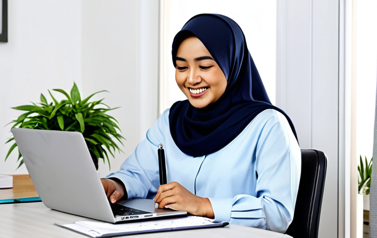 Budget Planning**

A young Malay woman in a hijab and modest baju kurung is sitting at a desk, smiling and looking at a budget spreadsheet on her laptop. The setting is a bright and tidy home office.  She has a pen in her hand and is highlighting figures on the screen.  Include a calendar and a small potted plant on the desk.  safe for work, appropriate content, fully clothed, professional, perfect anatomy, correct proportions, natural pose, well-formed hands, proper finger count, high quality.  The scene should convey a sense of financial organization and planning.

**